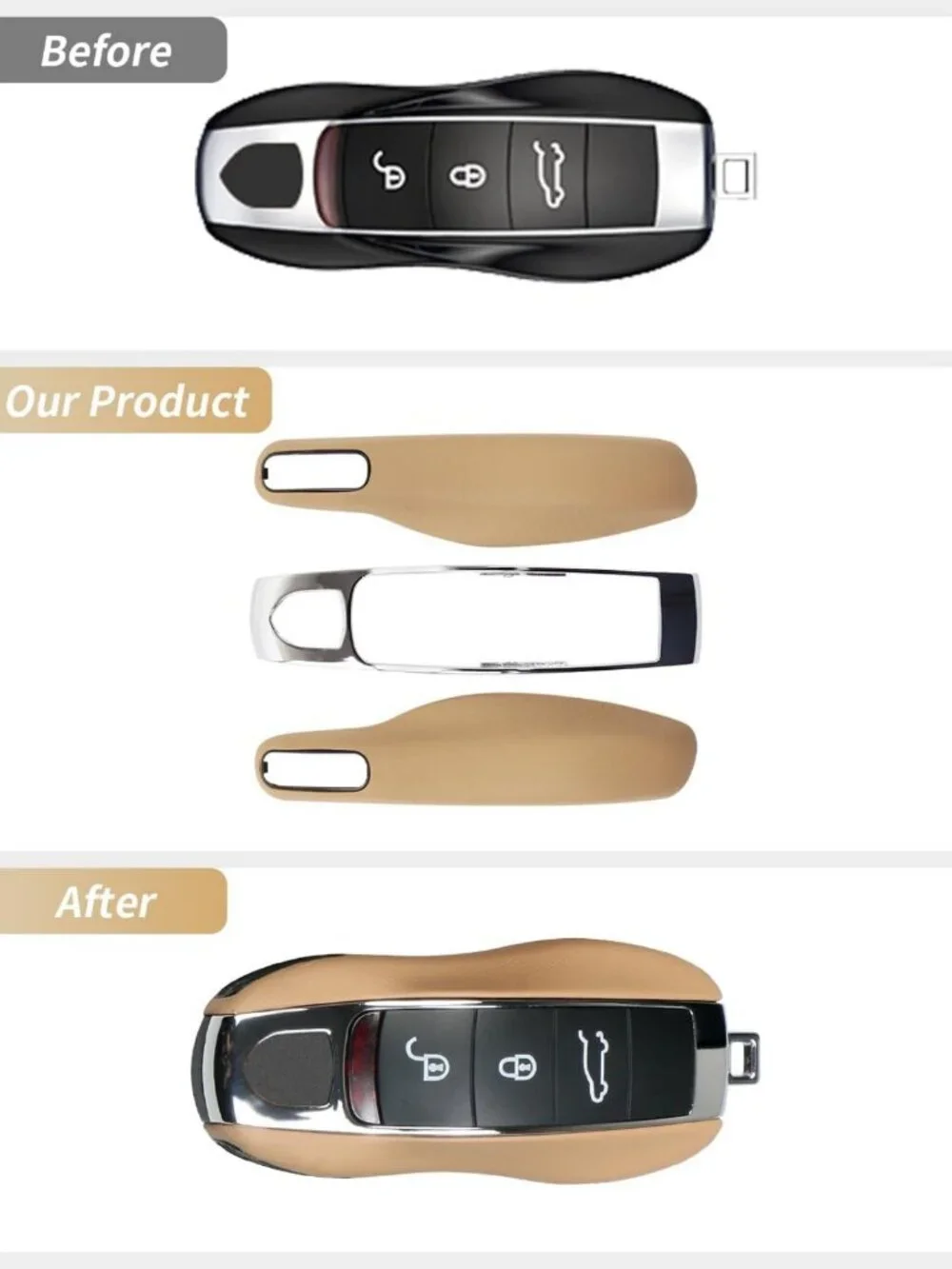 Luxor Beige Leather Key Fob Cover & Keychain for Luxury Cars, Key Accessories